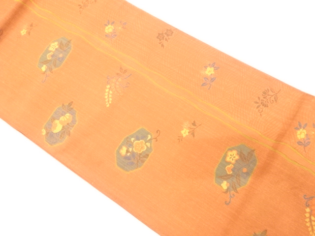 草花に波模様織り出し　袋帯